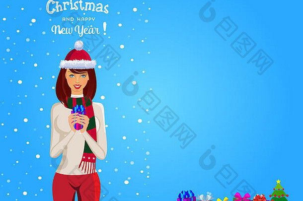 圣诞节一年问候卡可爱的女孩棕色（的）头发圣诞老人他围巾持有礼物蓝色的雪背景空间文本