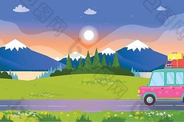 掀背车车手提箱屋顶开车路色彩斑斓的景观背景山湖森林日落日出夏季