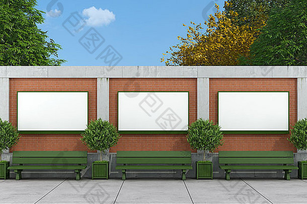 空白街广告牌砖混凝土墙绿色长椅呈现