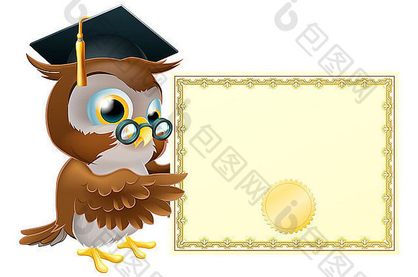 插图可爱的猫头鹰字符教授的毕业的砂浆董事会指出文凭证书Copyspace