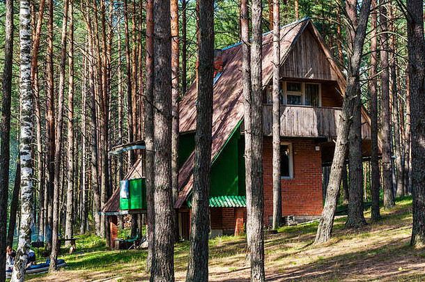 破旧的传统的木森林房子木通过入口窗户国