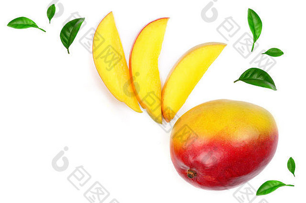 芒果水果片孤立的白色背景特写镜头前视图平躺