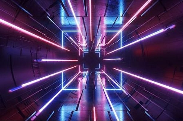 sci霓虹灯阶段未来主义的椭圆形建设激光框架蓝色的紫色的发光的矩形反光混凝土车库走廊隧道走廊网络retr