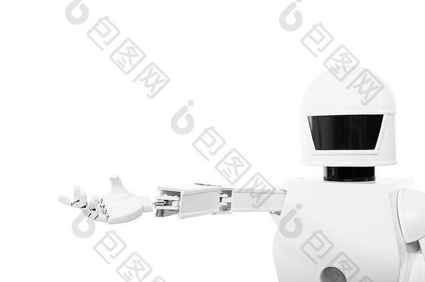 特写镜头可爱的自治服务机器人孤立的前面白色背景