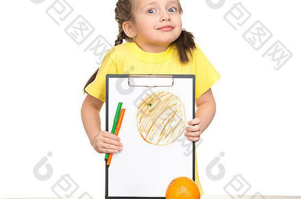 女孩画橙色剪贴板