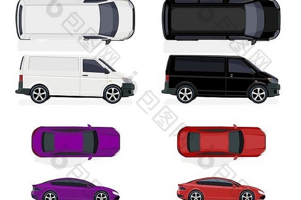 集黑色的白色小型公共汽车红色的紫色的车一边视图前视图体积画网格梯度孤立的白色背景插图