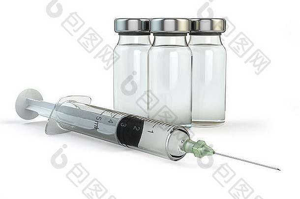 疫苗接种瓶syringeon白色孤立的背景