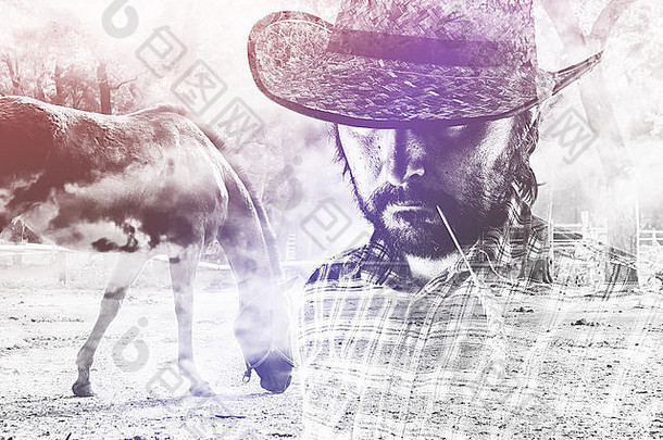 有胡子的牛仔农民穿稻草他西方美国马牧场双曝光图像