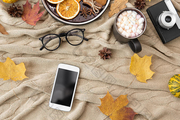 智能手机热巧克力秋天叶子