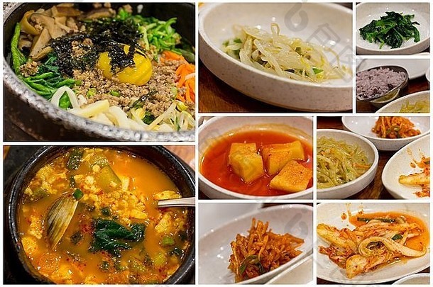 各种受欢迎的朝鲜文菜食物拼贴画图像