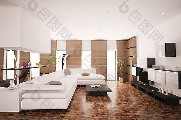 现代生活房间白色沙发液晶显示器室内渲染
