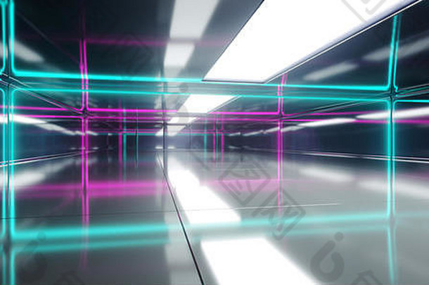 未来主义的sci空房间蓝色的紫色的霓虹灯发光的行管高度反光墙地板上技术概念呈现今市子