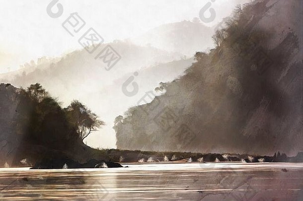 湄公河河色彩斑斓的绘画图片老挝