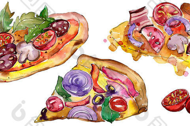快食物itallian披萨水彩风格集水瓶座食物插图背景孤立的披萨元素