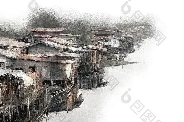 绘画在运河边上的贫民窟社区曼谷