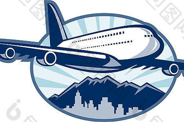 巨型飞机飞机客机采取城市天际线山背景复古的风格插图
