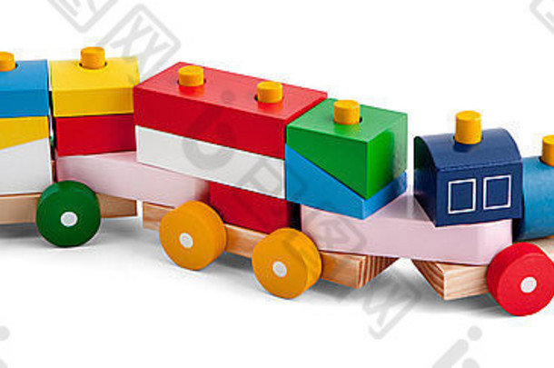 木玩具火车色彩斑斓的块孤立的白色