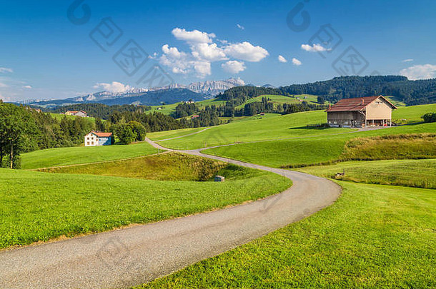 美丽的视图田园山风景阿尔卑斯山脉绿色梅多斯著名的送峰会背景阳光明媚的一天夏天