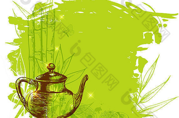 绿色背景竹子分支柠檬茶壶