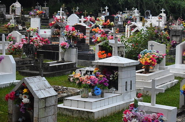 过度拥挤的墓地主要岛塞舌尔马埃岛显示多个严重装饰色彩鲜艳的花十字架
