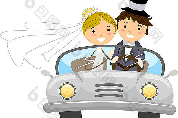 插图新婚夫妇新娘车