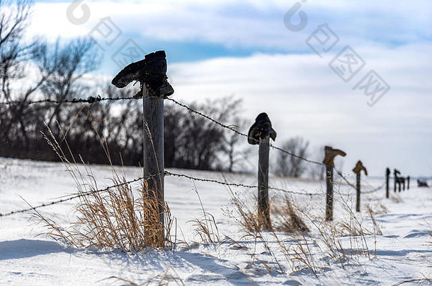 靴子前栅栏的帖子南斯威夫特当前的萨斯喀彻温省加拿大高草戳雪蓝色的天空