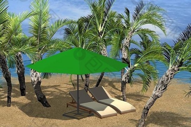 假期概念美丽的岛夏天景观棕榈树甲板椅子