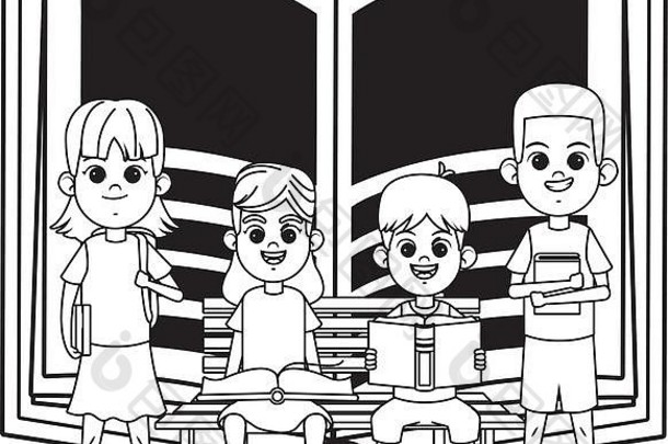 年轻的孩子们书板凳上黑色的白色