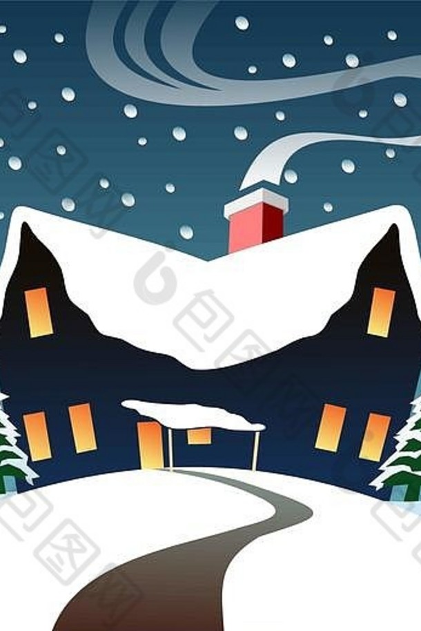 冬天小屋雪晚上温暖的内部圣诞节场景