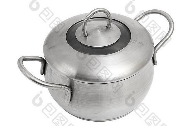 不锈钢钢蒸煮锅成员酱汁能孤立的白色背景