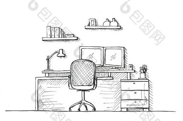 手画房间办公室椅子桌子上对象表格草图工作空间