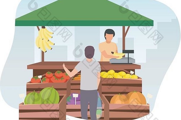 水果蔬菜市场摊位卖方平插图男人。购买农场产品生态有机食物贸易帐篷木板条箱