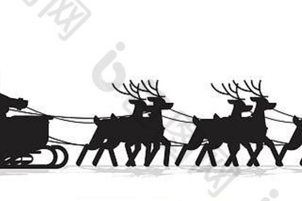圣诞老人雪橇驯鹿轮廓快乐圣诞节快乐一年问候卡冬天假期概念孤立的水平