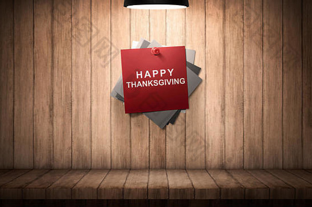 快乐thansgiving文本红色的纸固定木墙