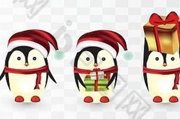 集合圣诞节企鹅孤立的transparens背景圣诞节字符企鹅企鹅礼物礼物图标集