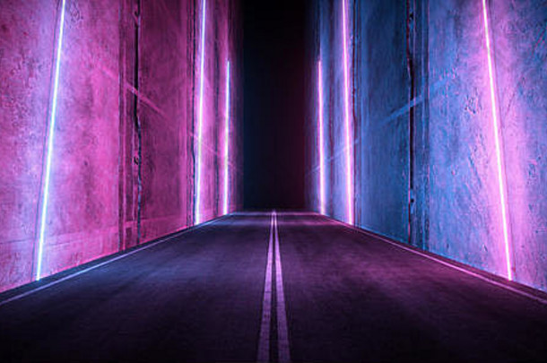 apshalt路激光发光的霓虹灯复古的紫色的<strong>蓝色</strong>的sci未来主义的外星人宇宙飞船混凝土水泥<strong>隧道</strong>走廊车库大厅阶段显示晚上黑暗
