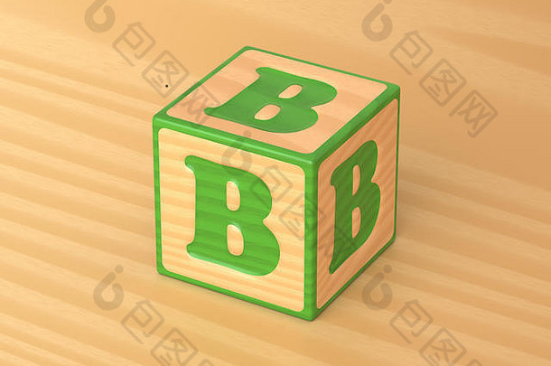 呈现的角度视图单绿色木玩具字母块信光木背景