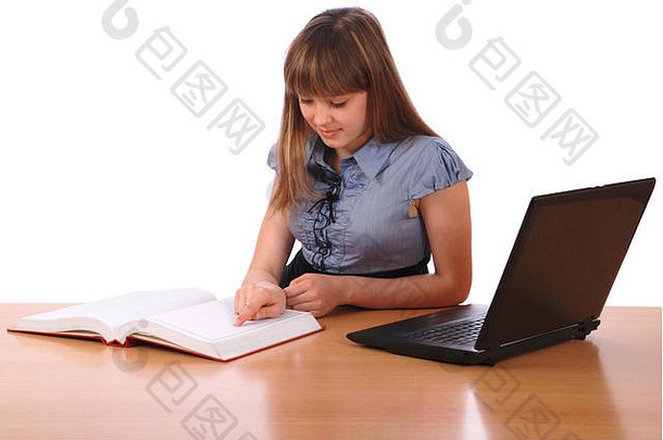 女孩读取书斑点了移动PC白色背景