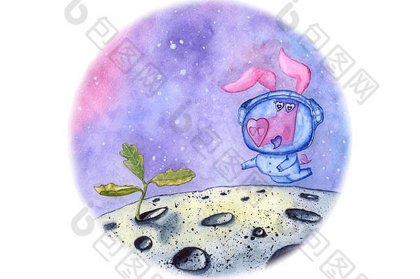 有趣的猪心形状的鼻子发现生活月亮橡木发芽插图小猪圆白色背景手画白