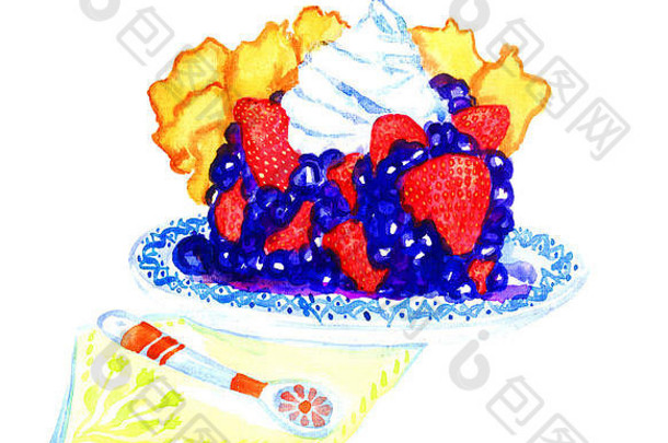 片美味的蛋糕草莓醋栗奶油手画水彩插图