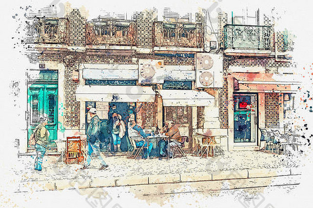 水彩草图插图集团但朋友坐着街餐厅喝酒会说话的通常城市生活当地的居民里斯本