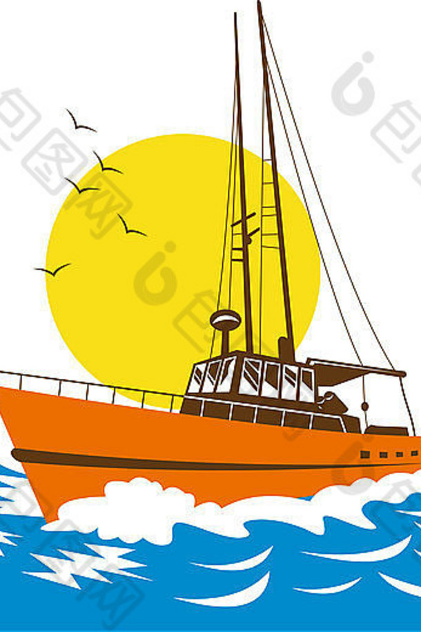 插图钓鱼船海洋太阳白色背景复古的风格