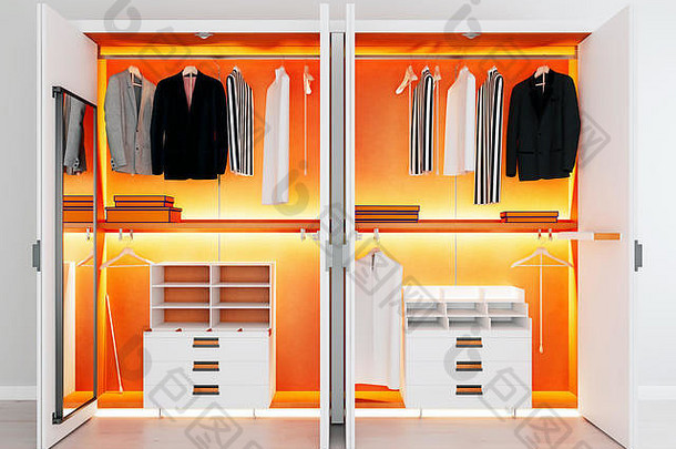 现代白色橙色木金属衣柜但衣服挂铁路走衣橱设计室内呈现