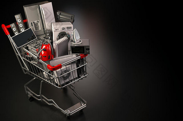家庭电器购物车黑色的背景电子商务在线购物概念插图