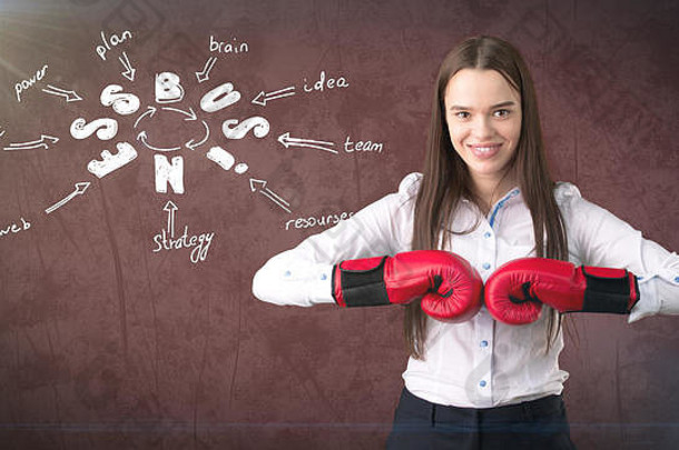 女人红色的拳击手套站墙业务的想法草图画概念成功的业务