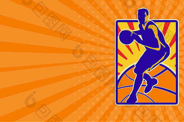 业务卡显示插图篮球球员运球球集内部矩形的阳光孤立的白色背景