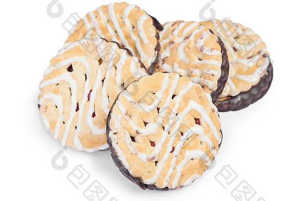 集团巧克力涂层轮饼干饼干孤立的白色背景