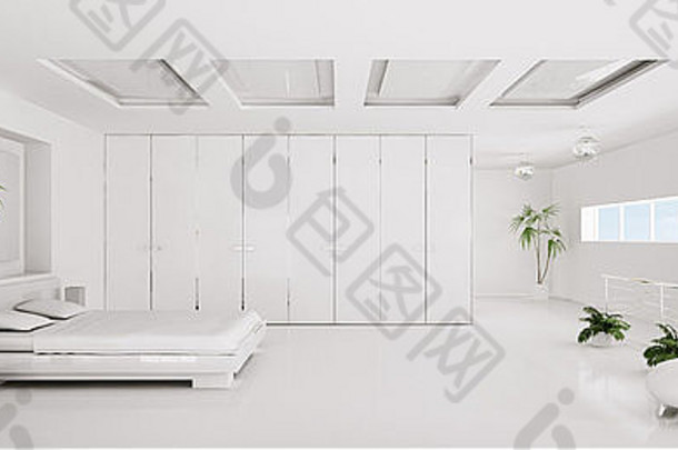 室内现代白色卧室全景渲染