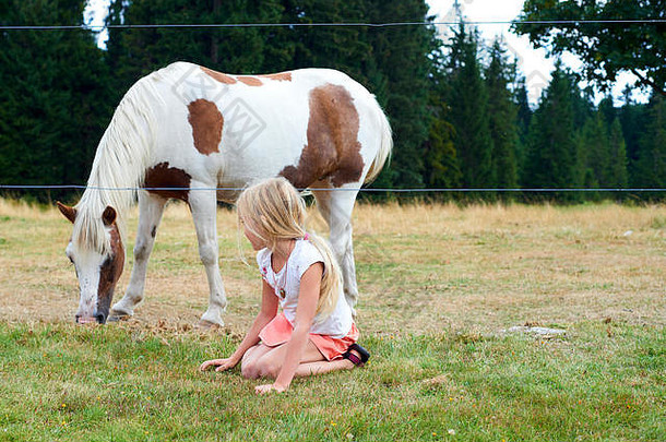 孩子女孩坐着草观察放牧马草地