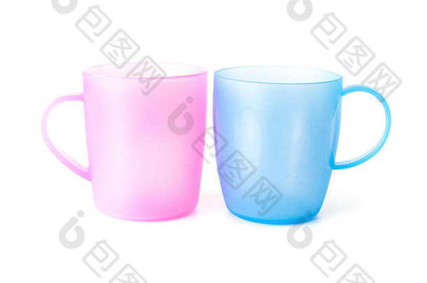 粉红色的蓝色的塑料杯白色背景